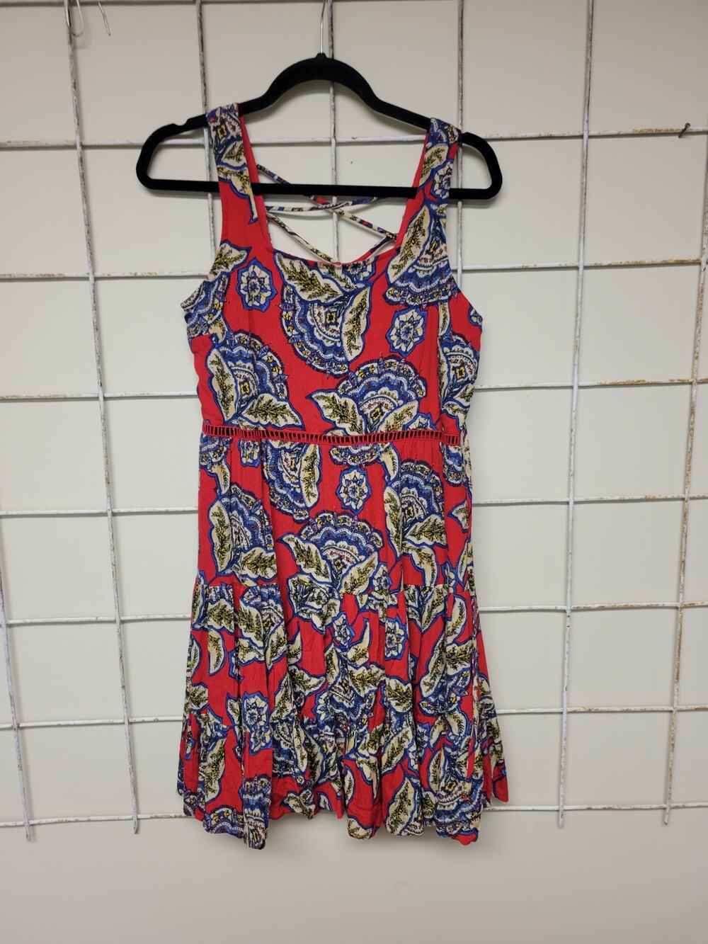 Maurices Red Blue Floral Skater Dress Tiered Lattice Lace Up Back  Sundress XS